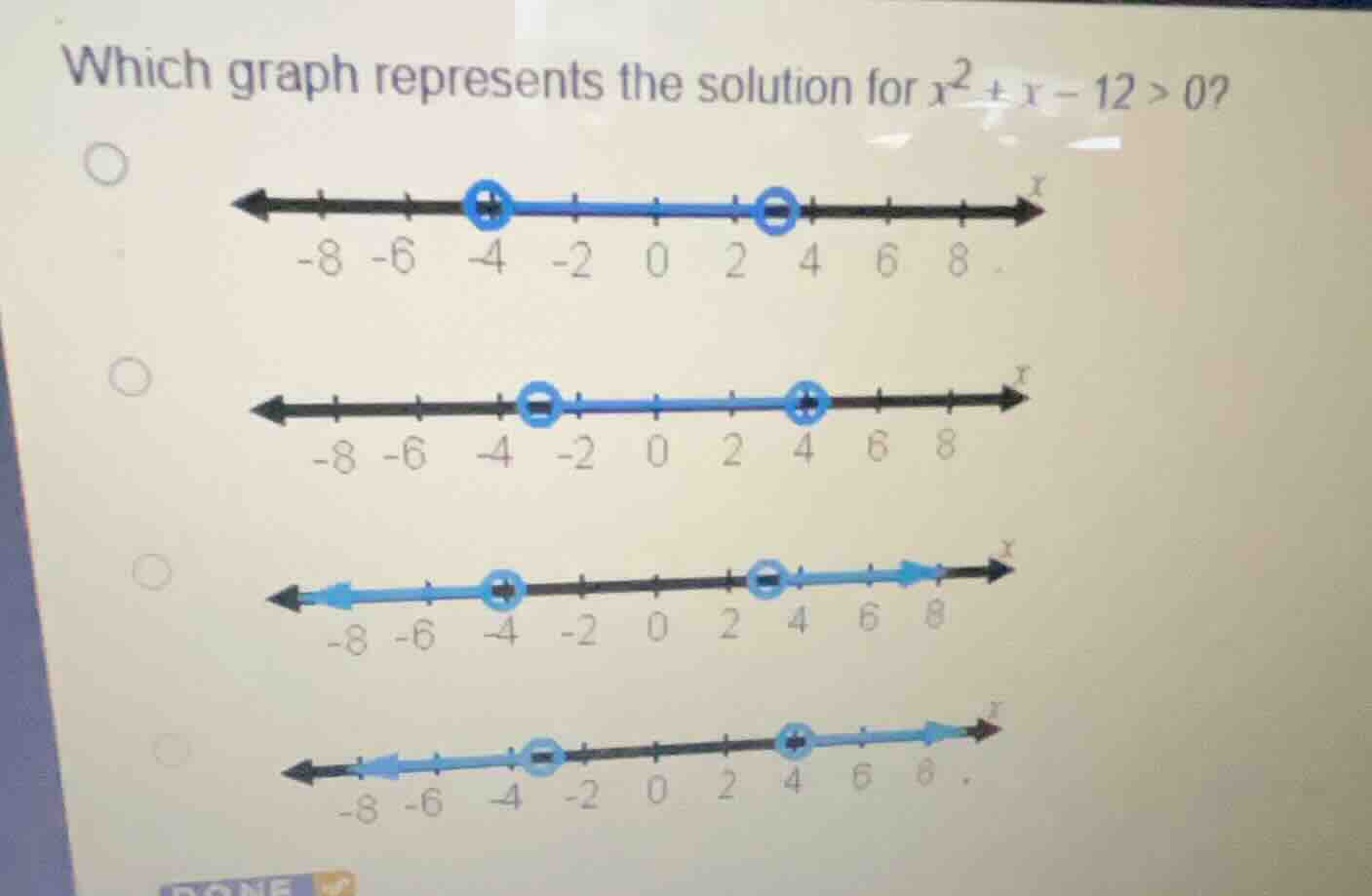 which graph represents the solution for \\(x^2 + x - 12 > 0\\)?