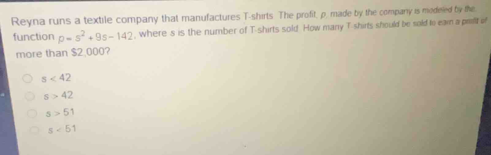 reyna runs a textile company that manufactures t-shirts. the profit, \\…