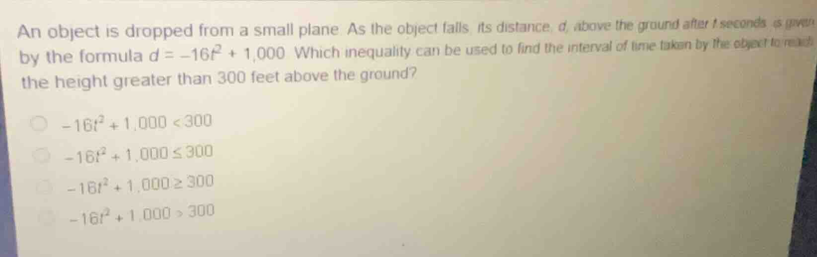 an object is dropped from a small plane. as the object falls, its dista…