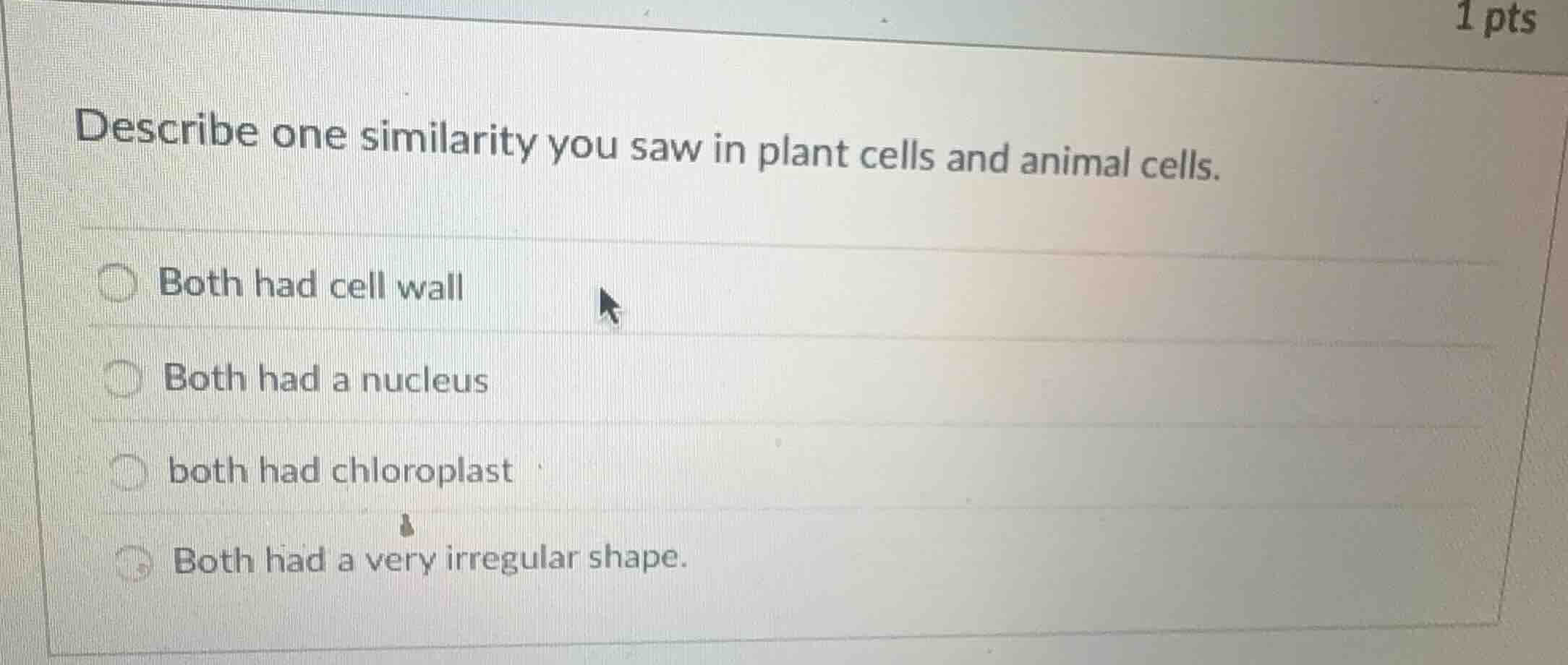 describe one similarity you saw in plant cells and animal cells. both h…