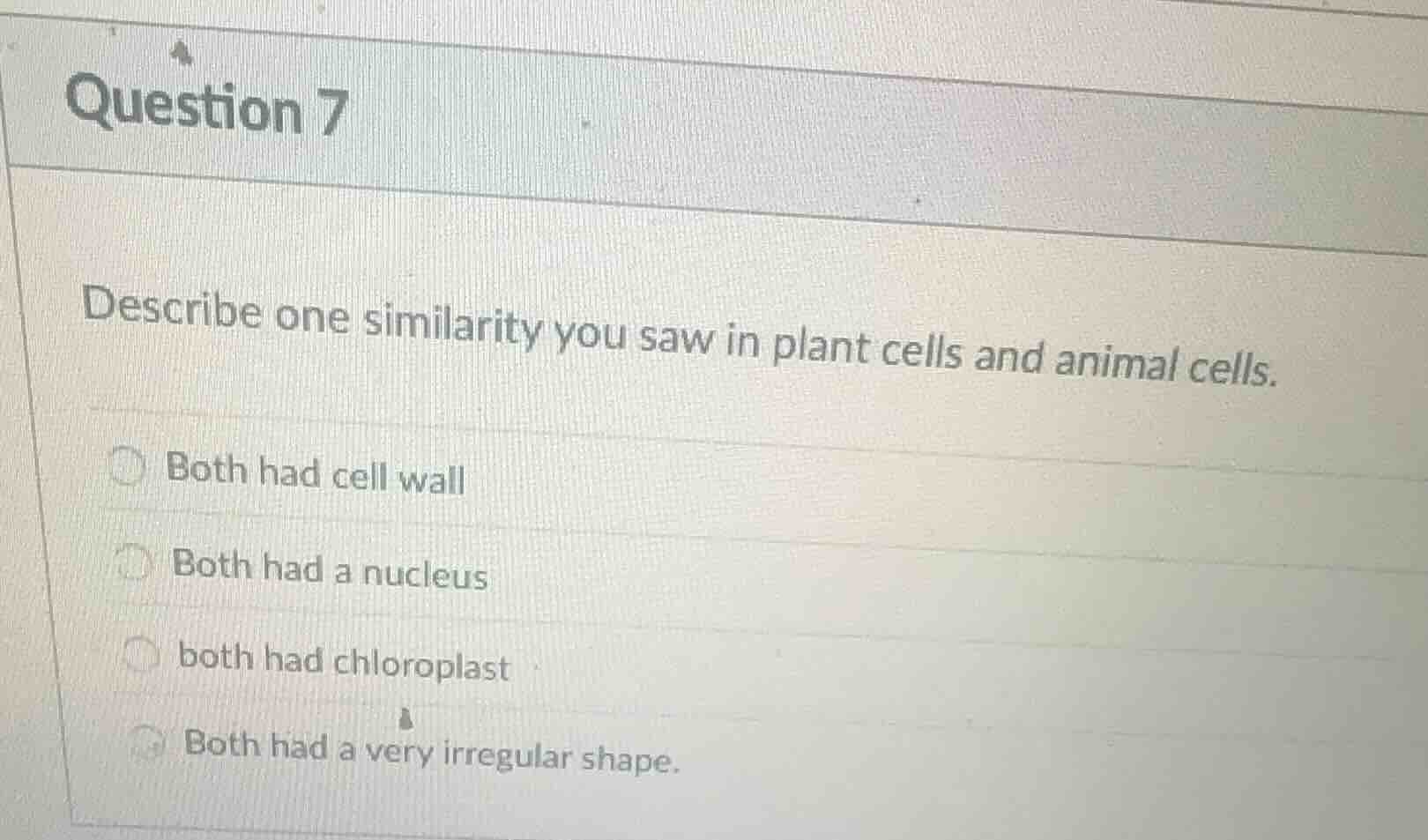 question 7 describe one similarity you saw in plant cells and animal ce…