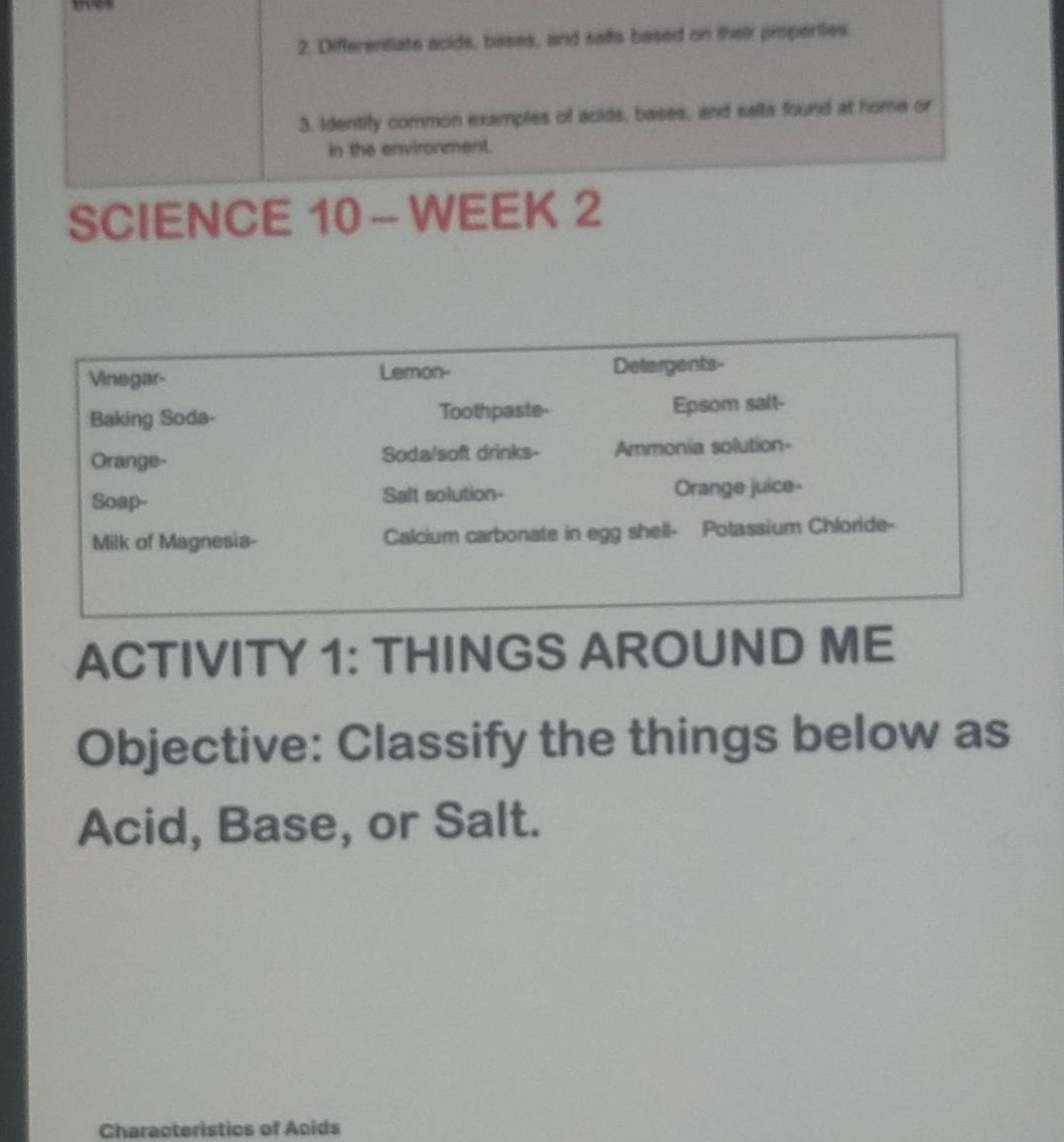 science 10 - week 2 vinegar- baking soda- orange- soap- milk of magnesi…
