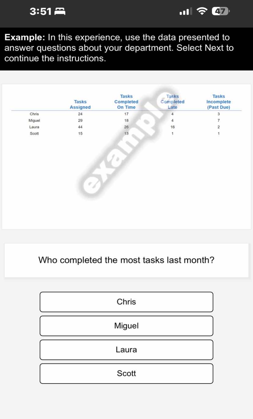 example: in this experience, use the data presented to answer questions…