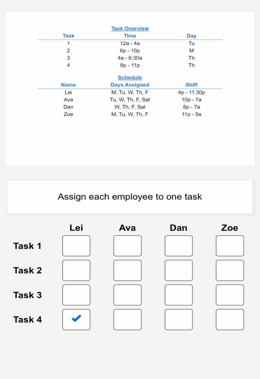 task overview task time day 1 12a - 4a tu 2 6p - 10p m 3 4a - 6:30a th …