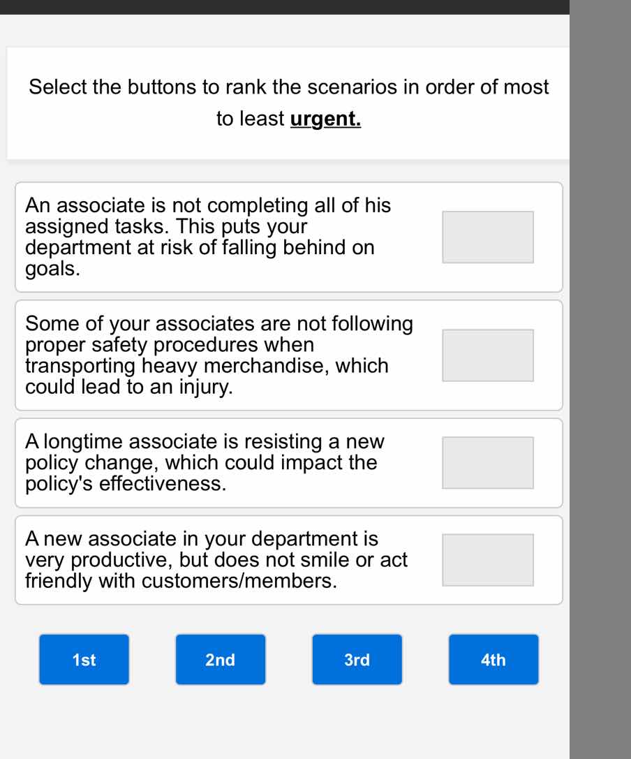 select the buttons to rank the scenarios in order of most to least urge…