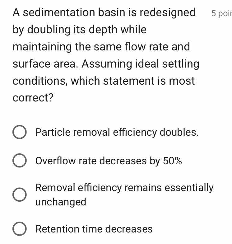 a sedimentation basin is redesigned by doubling its depth while maintai…