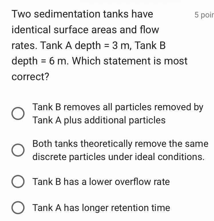 two sedimentation tanks have identical surface areas and flow rates. ta…