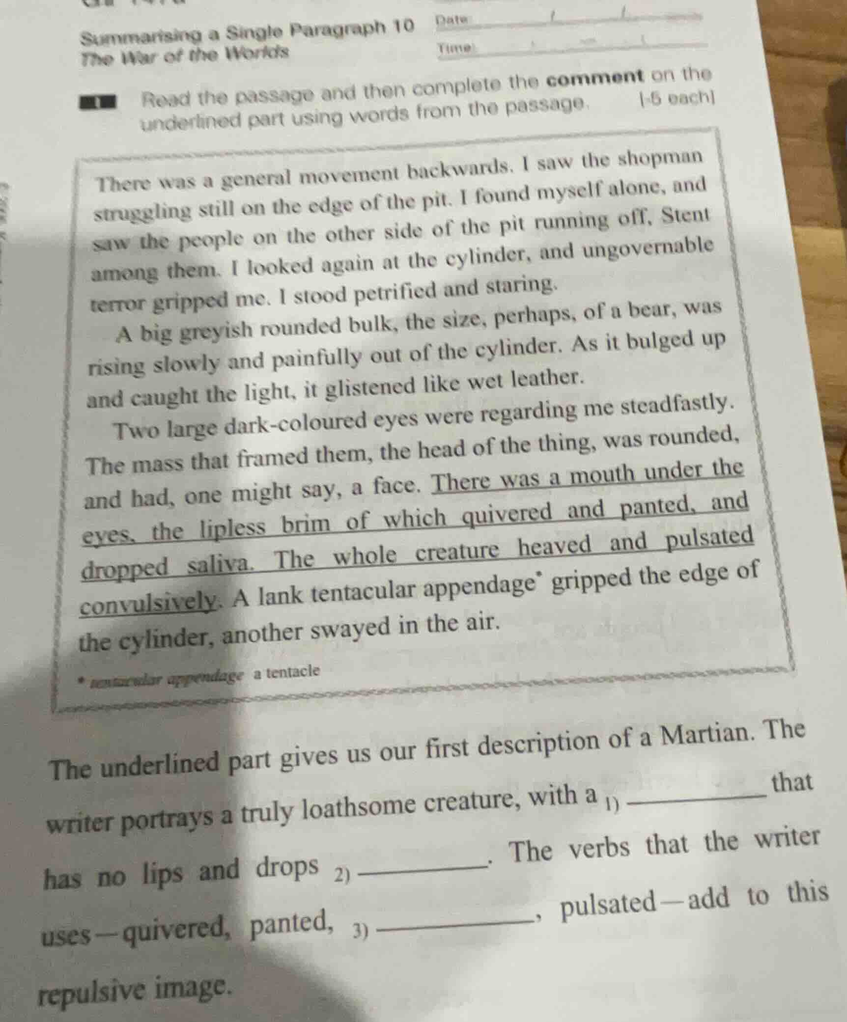 summarising a single paragraph 10 the war of the worlds read the passag…