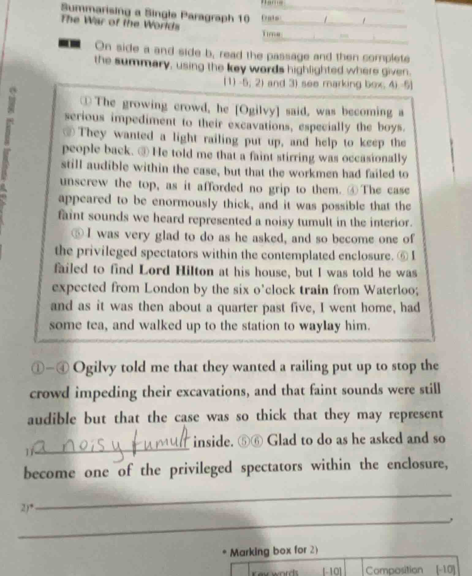 summarising a single paragraph 10 the war of the worlds on side a and s…