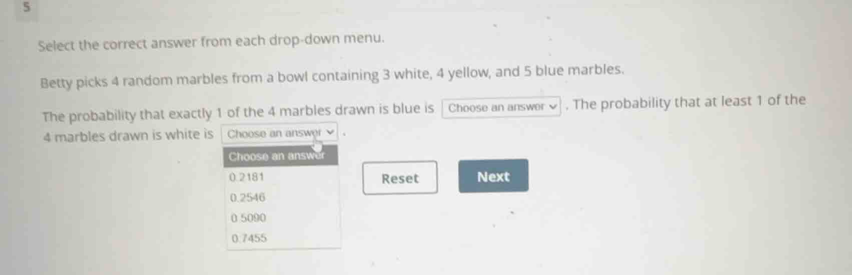 select the correct answer from each drop-down menu. betty picks 4 rando…