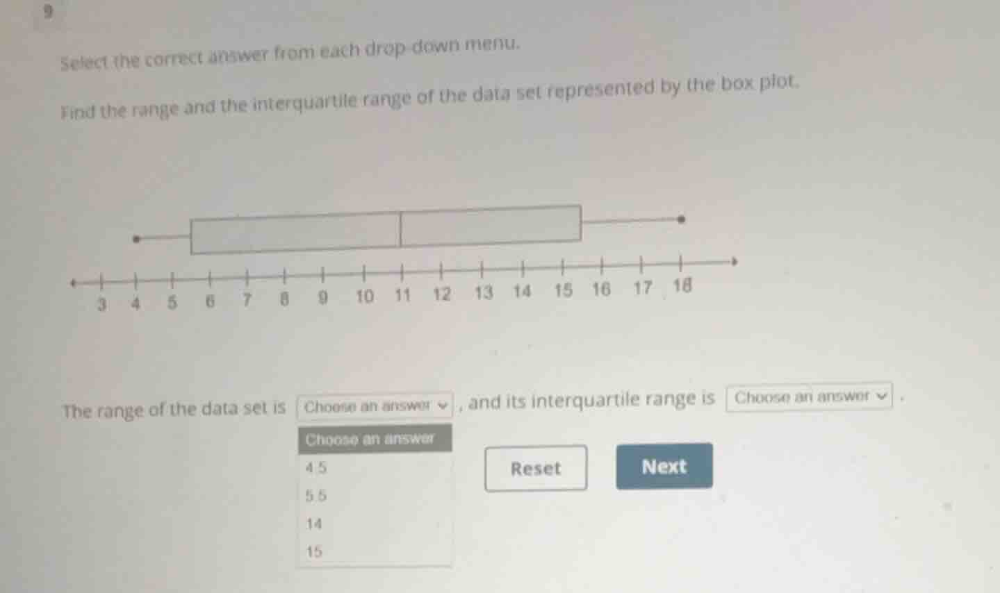 select the correct answer from each drop-down menu. find the range and …