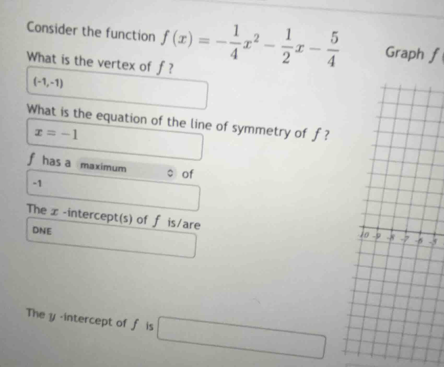 consider the function (f(x) = -\frac{1}{4}x^2 - \frac{1}{2}x - \frac{5}…