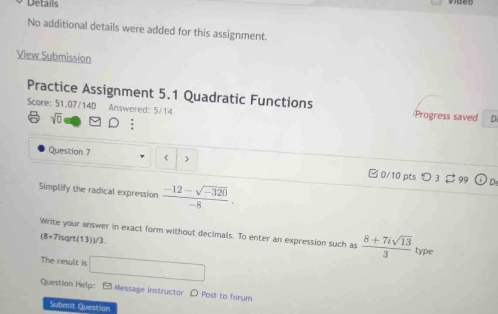 practice assignment 5.1 quadratic functions question 7 simplify the rad…