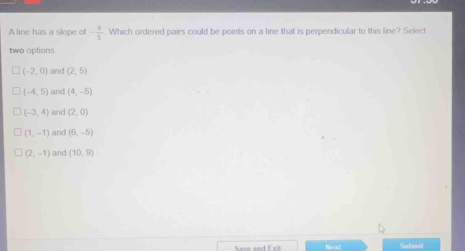 a line has a slope of (-\frac{4}{5}). which ordered pairs could be poin…