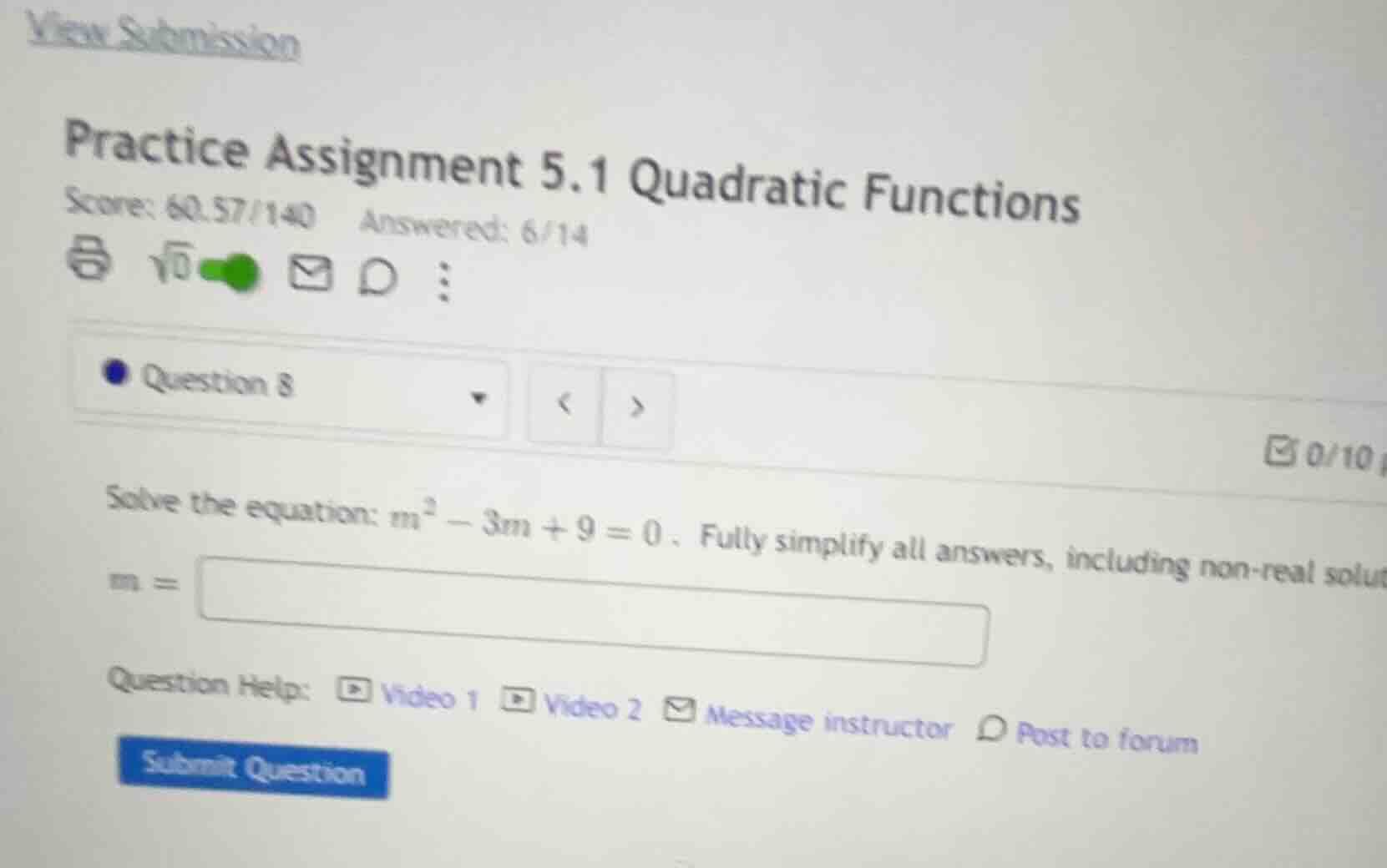 practice assignment 5.1 quadratic functions question 8 solve the equati…