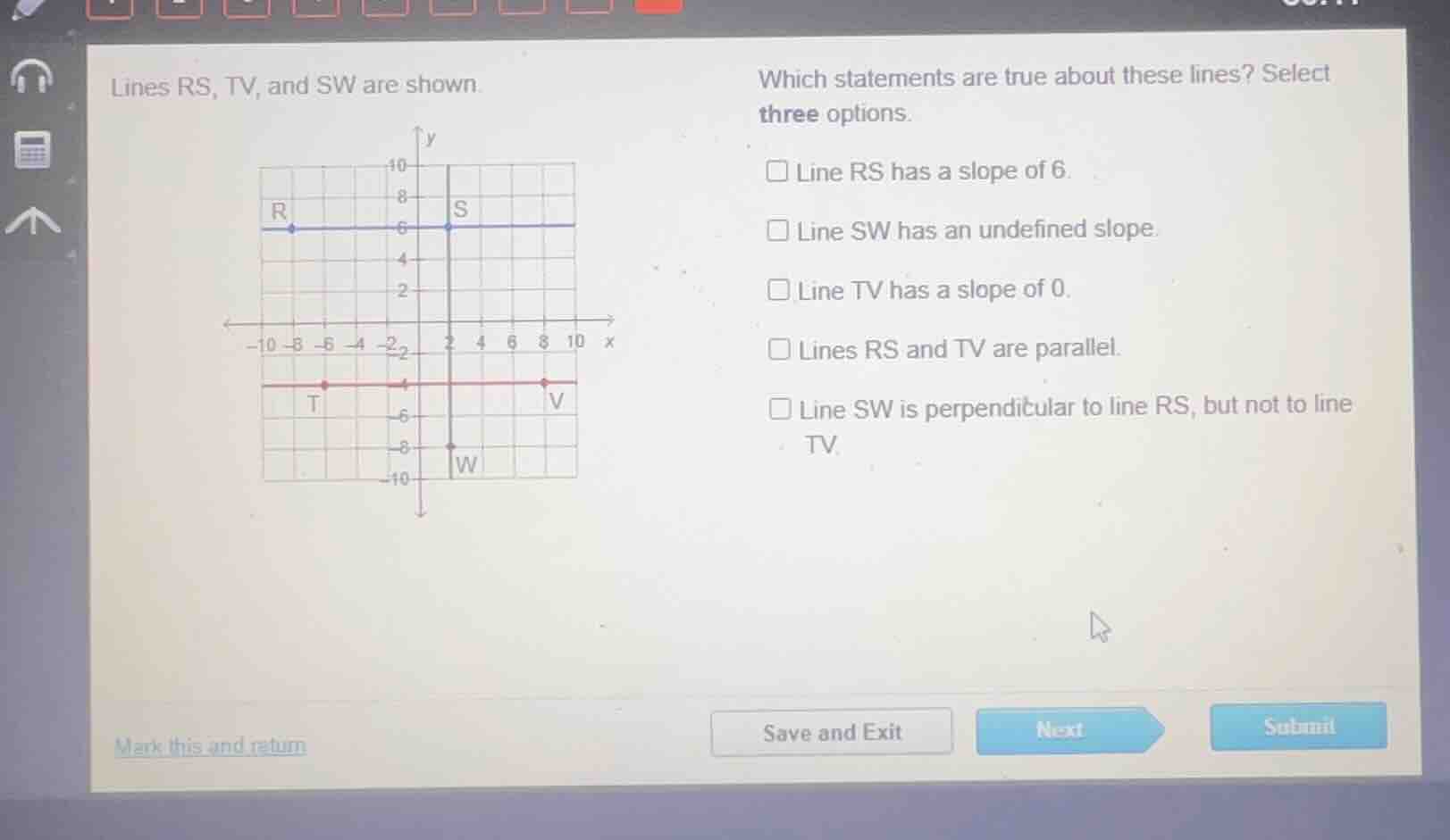lines rs, tv, and sw are shown. which statements are true about these l…