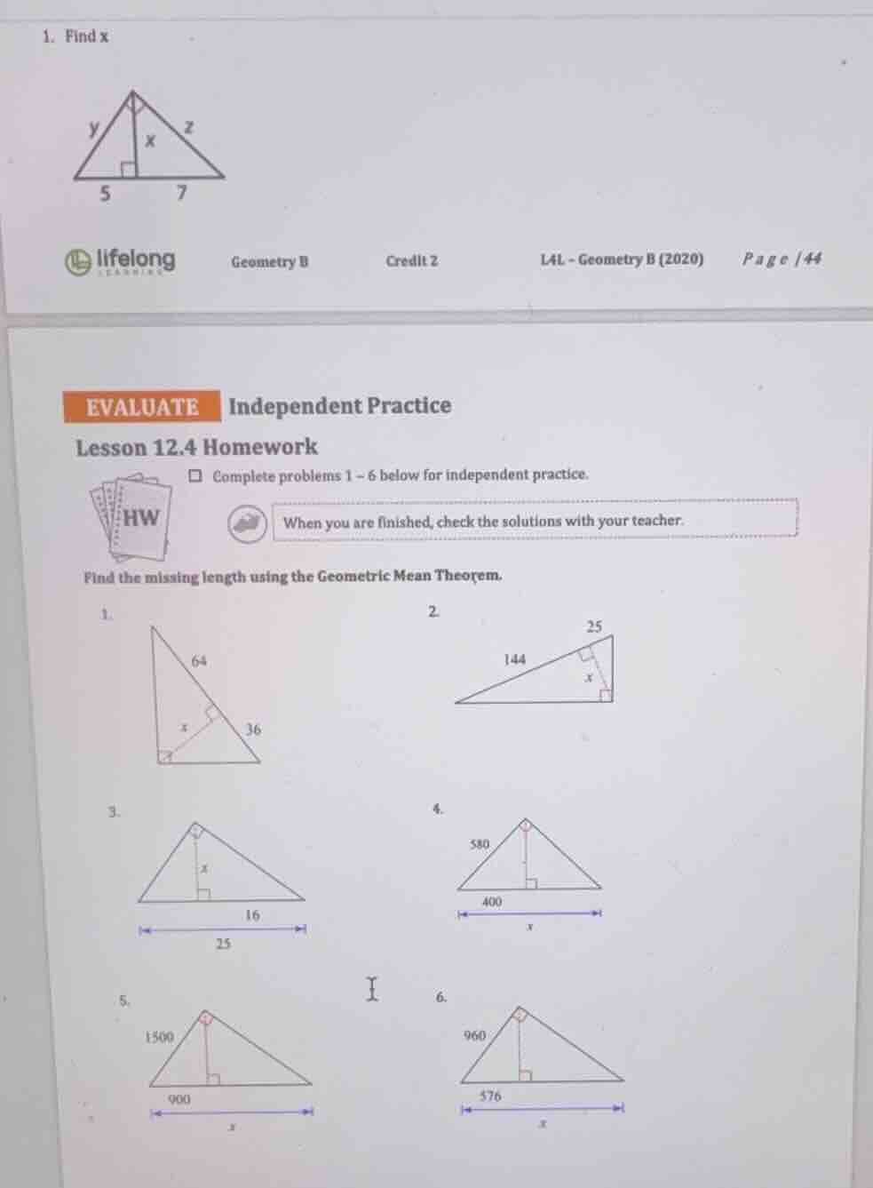 1. find x evaluate independent practice lesson 12.4 homework complete p…