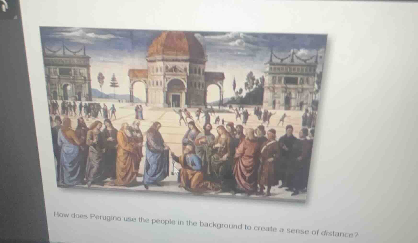 how does perugino use the people in the background to create a sense of…