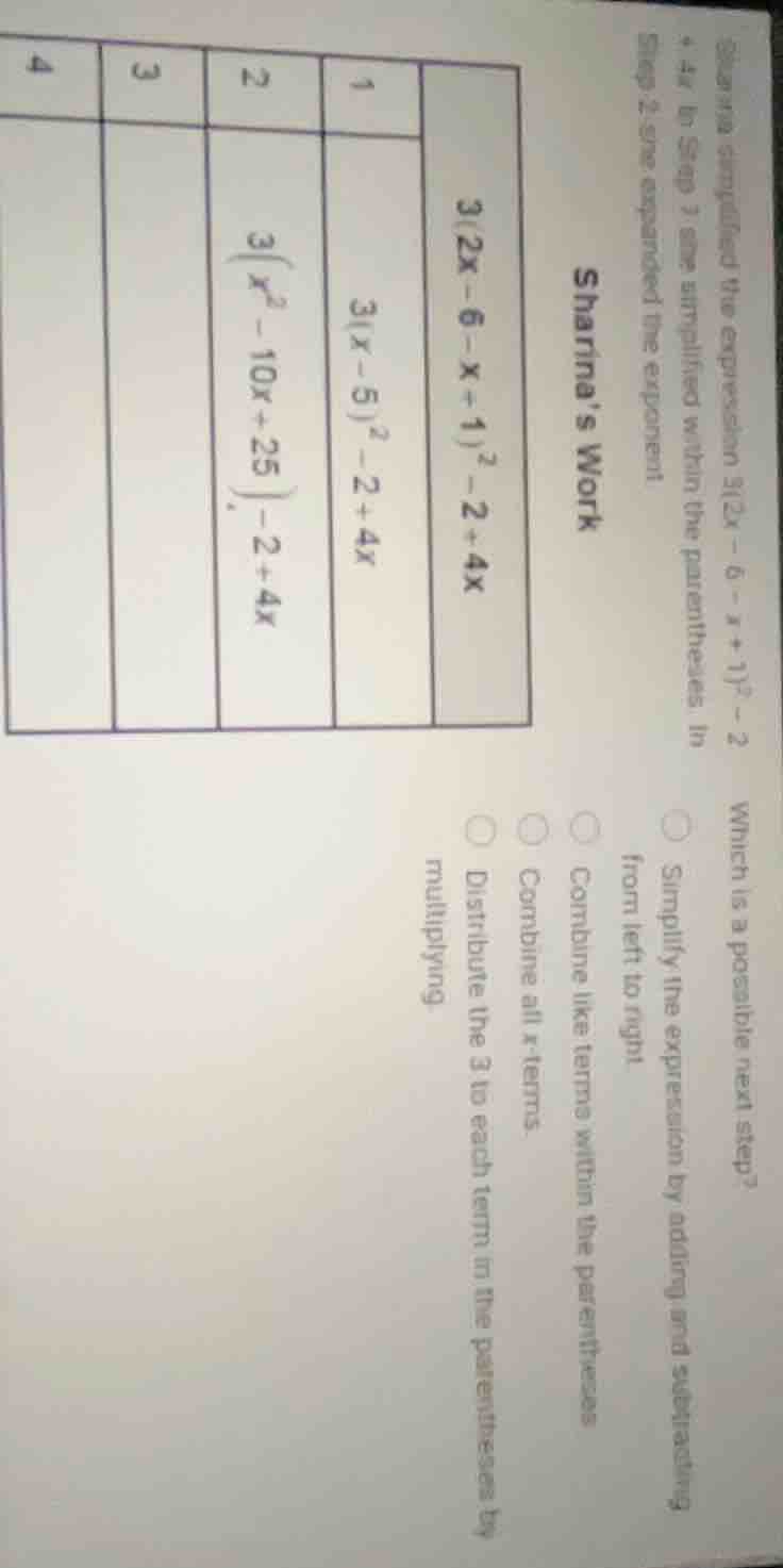 sharina simplified the expression \\(3(2x - 6 - x + 1)^2 - 2 + 4x\\). i…