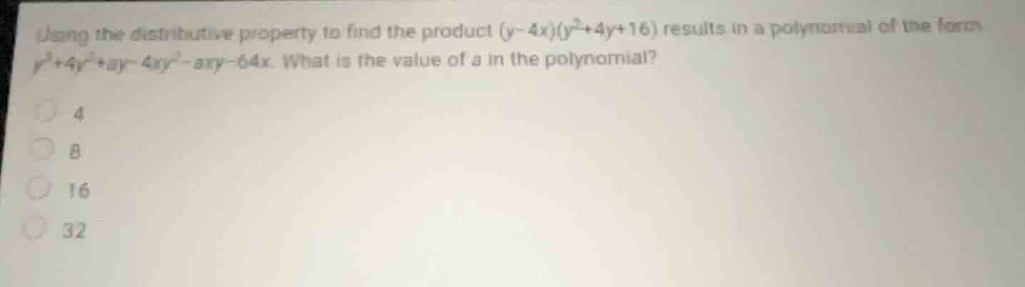 using the distributive property to find the product \\((y-4x)(y^2+4y+16…