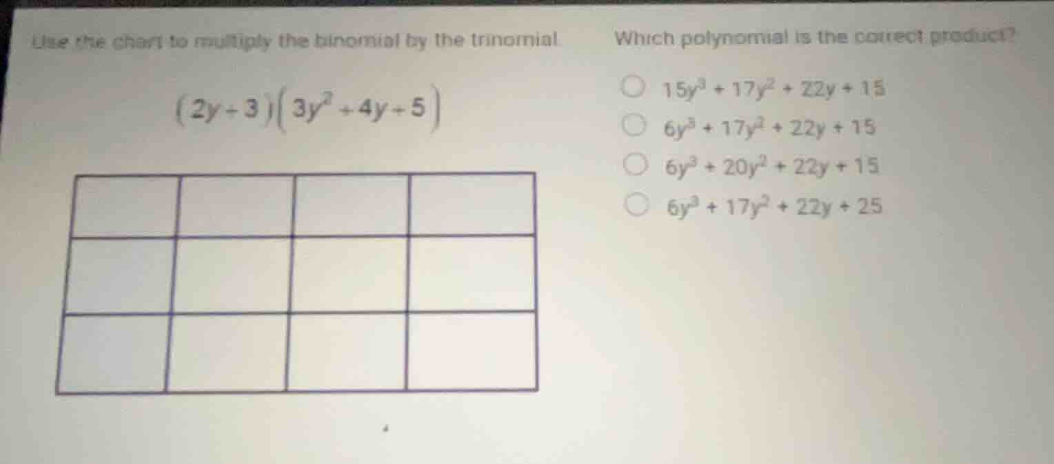 use the chart to multiply the binomial by the trinomial. \\(2y + 3)(3y^…
