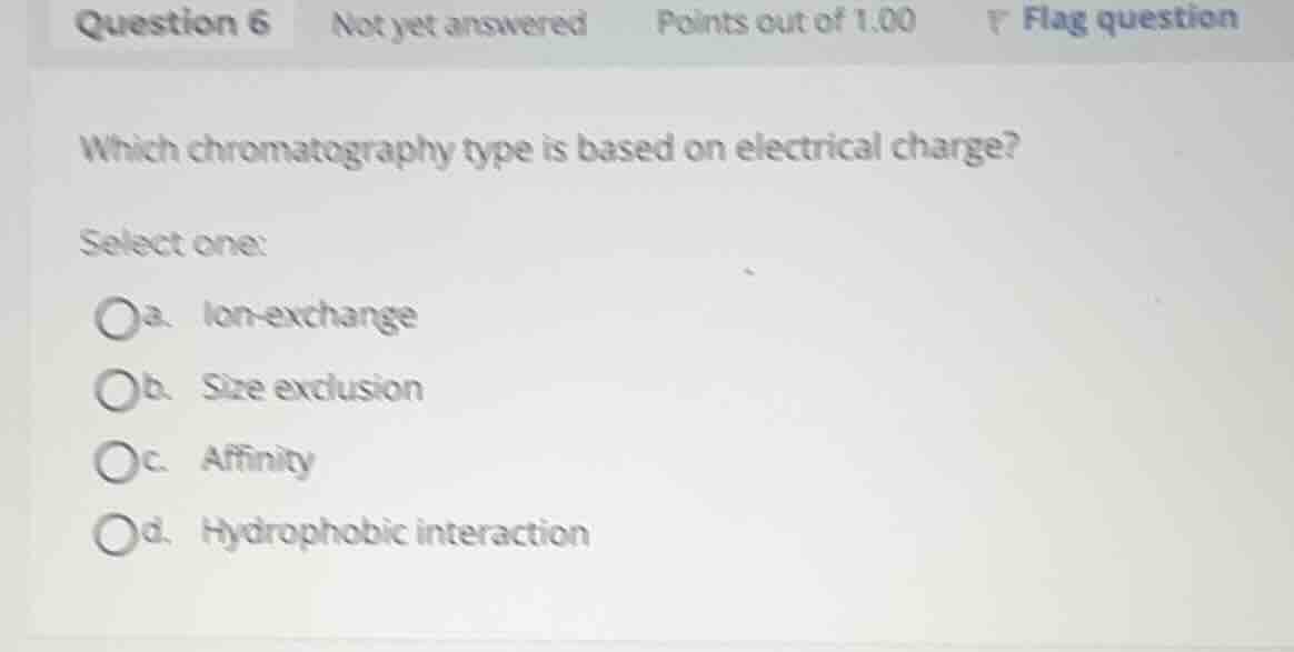 which chromatography type is based on electrical charge? select one: a.…