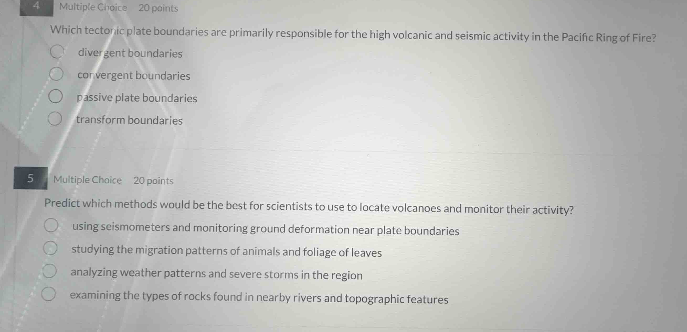 4 multiple choice 20 points which tectonic plate boundaries are primari…