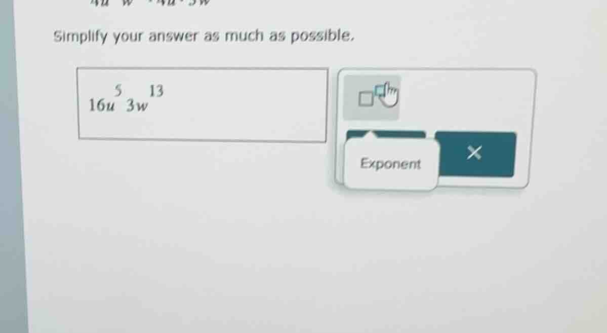 simplify your answer as much as possible. \\(16u^5 3w^{13}\\)