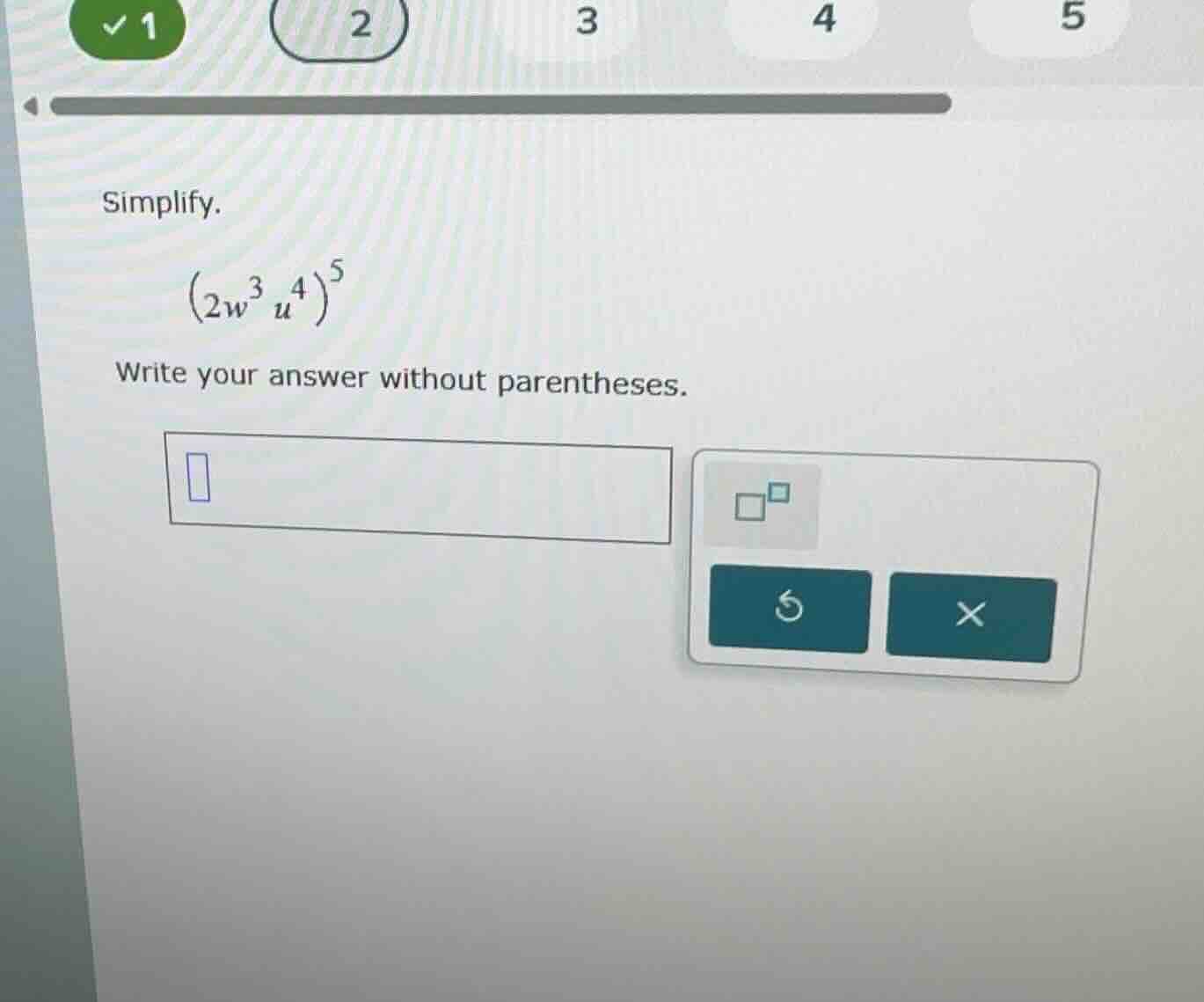 simplify. \\((2w^3 u^4)^5\\) write your answer without parentheses.