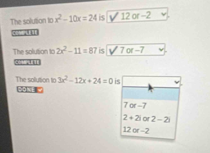 the solution to (x^2 - 10x = 24) is 12 or -2. the solution to (2x^2 - 1…