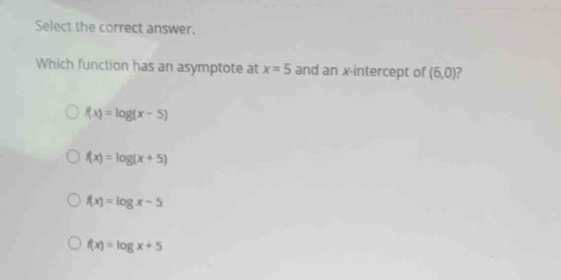 select the correct answer. which function has an asymptote at \\(x = 5\…
