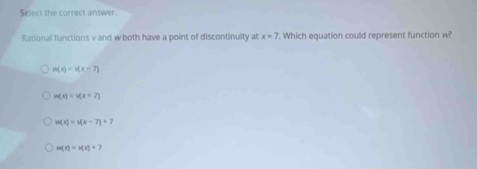 select the correct answer. rational functions \\(v\\) and \\(w\\) both …