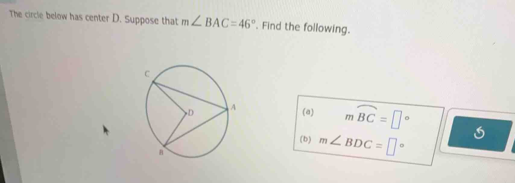 the circle below has center \\(d\\). suppose that \\(m \\angle bac = 46…