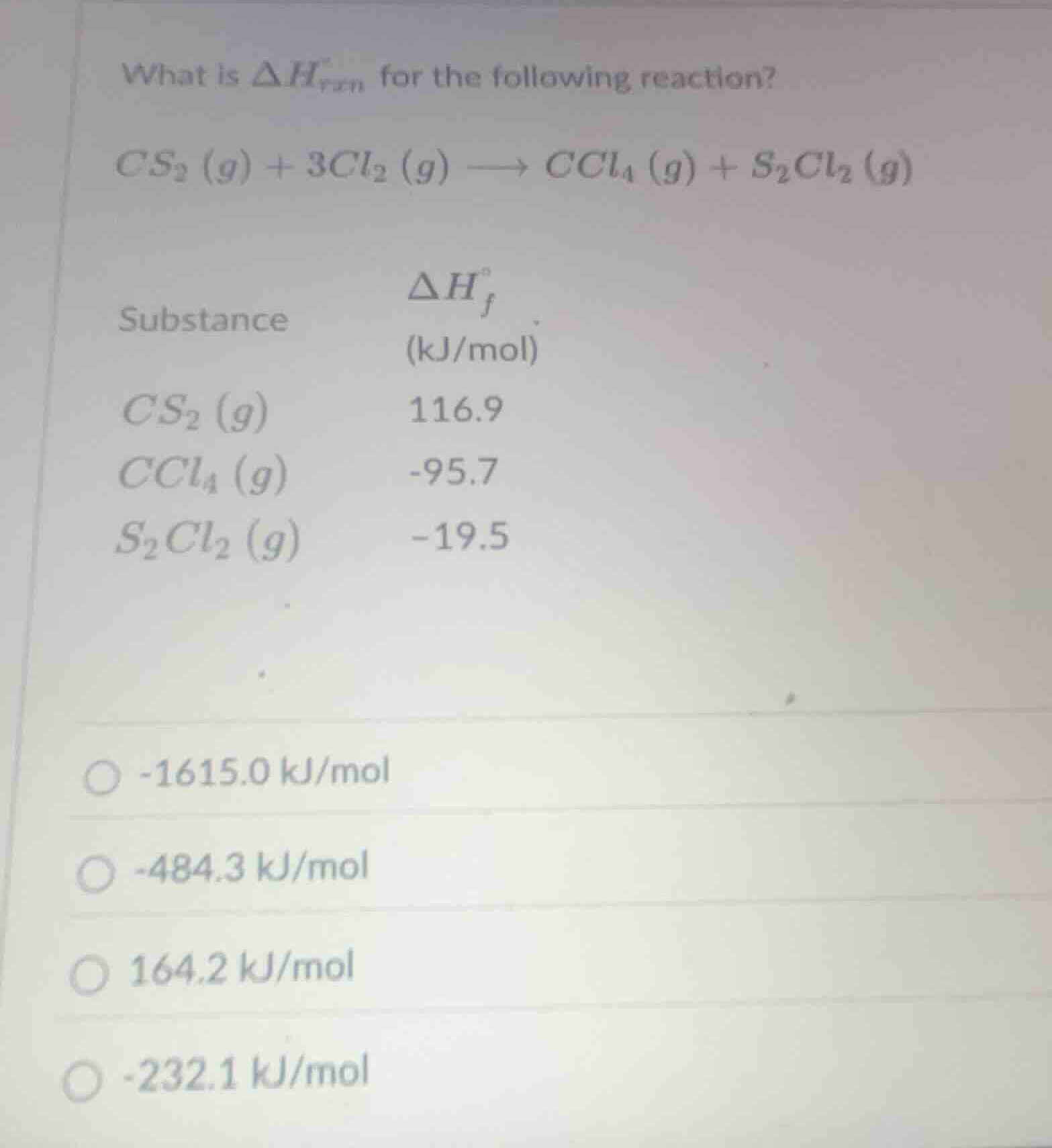 what is \\(\\delta h_{rxn}\\) for the following reaction? \\cs_2(g) + 3…