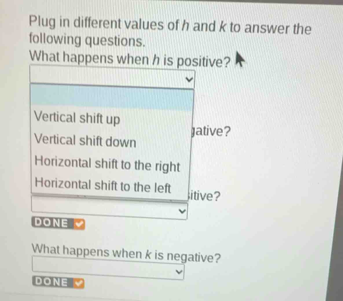 plug in different values of \\(h\\) and \\(k\\) to answer the following…