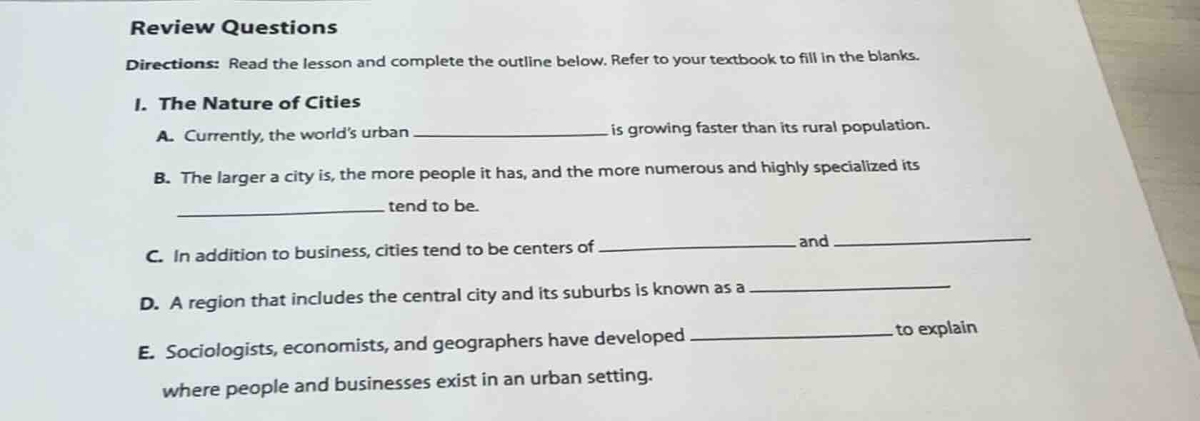 review questions directions: read the lesson and complete the outline b…