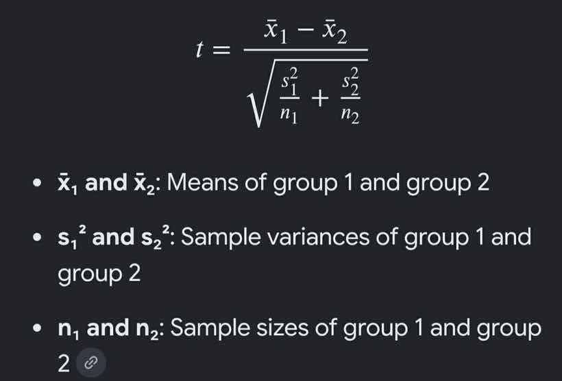 \\t = \\frac{\\bar{x}_1 - \\bar{x}_2}{\\sqrt{\\frac{s_1^2}{n_1} + \\fra…