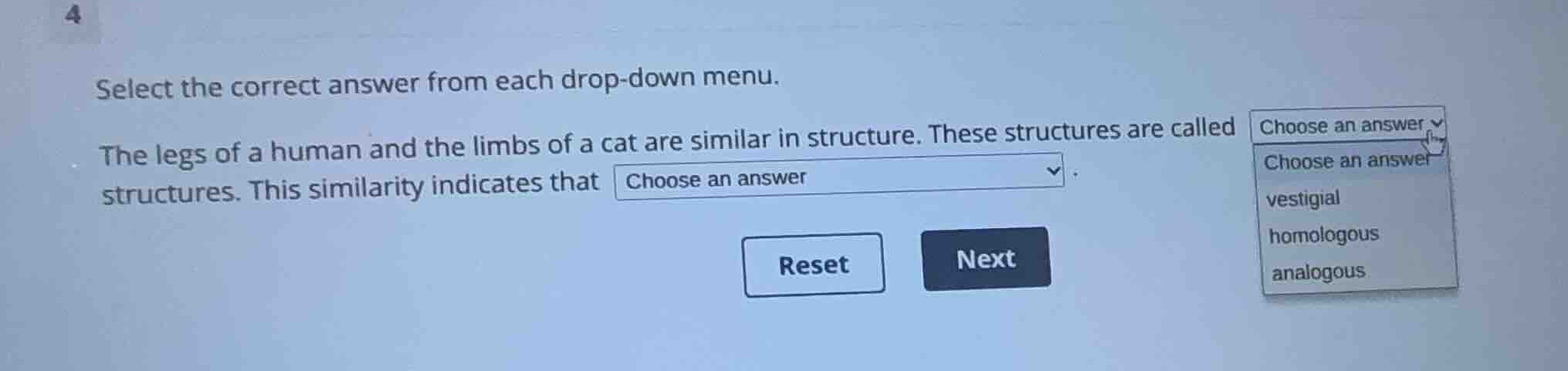 select the correct answer from each drop-down menu. the legs of a human…