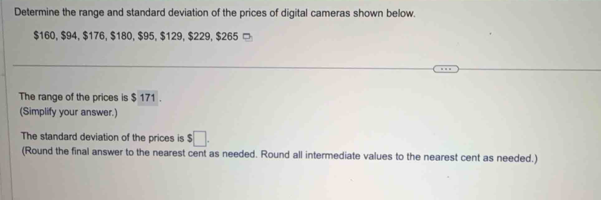 determine the range and standard deviation of the prices of digital cam…