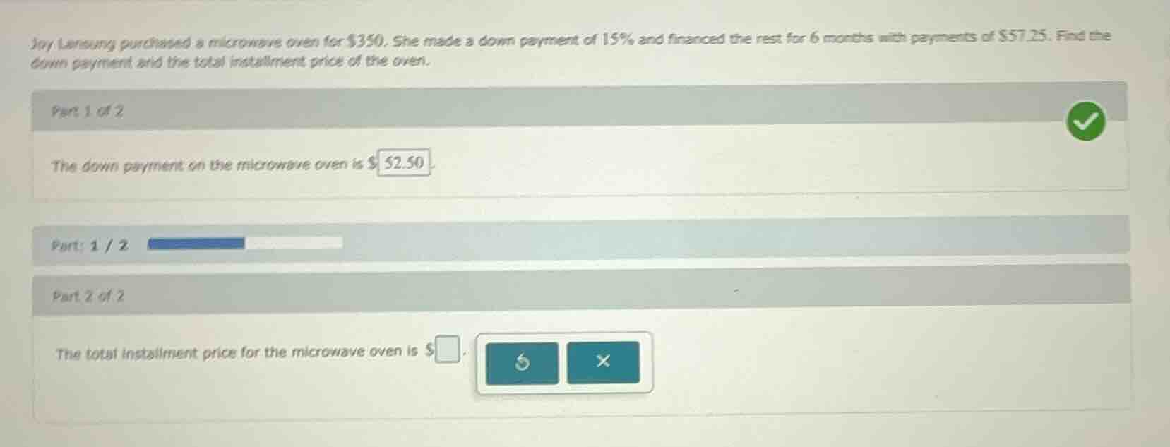 joy lensung purchased a microwave oven for \\$350. she made a down paym…