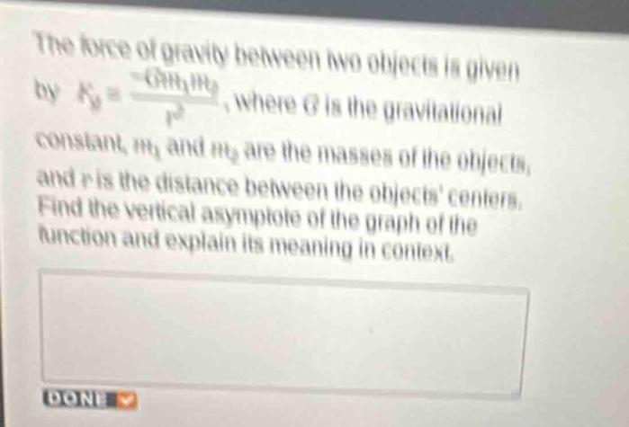 the force of gravity between two objects is given by \\(f_g = \\frac{-g…