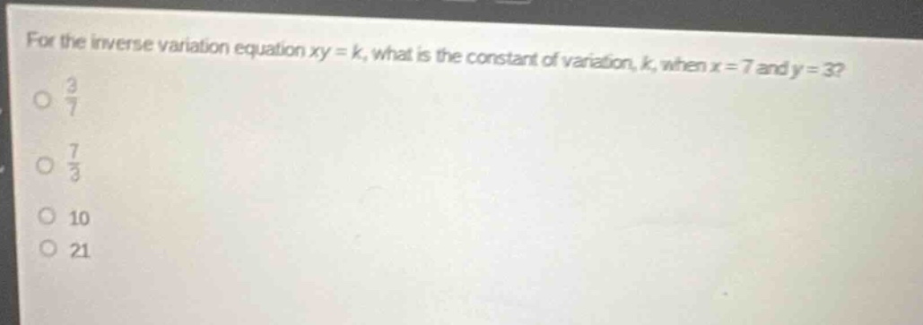 for the inverse variation equation (xy = k), what is the constant of va…