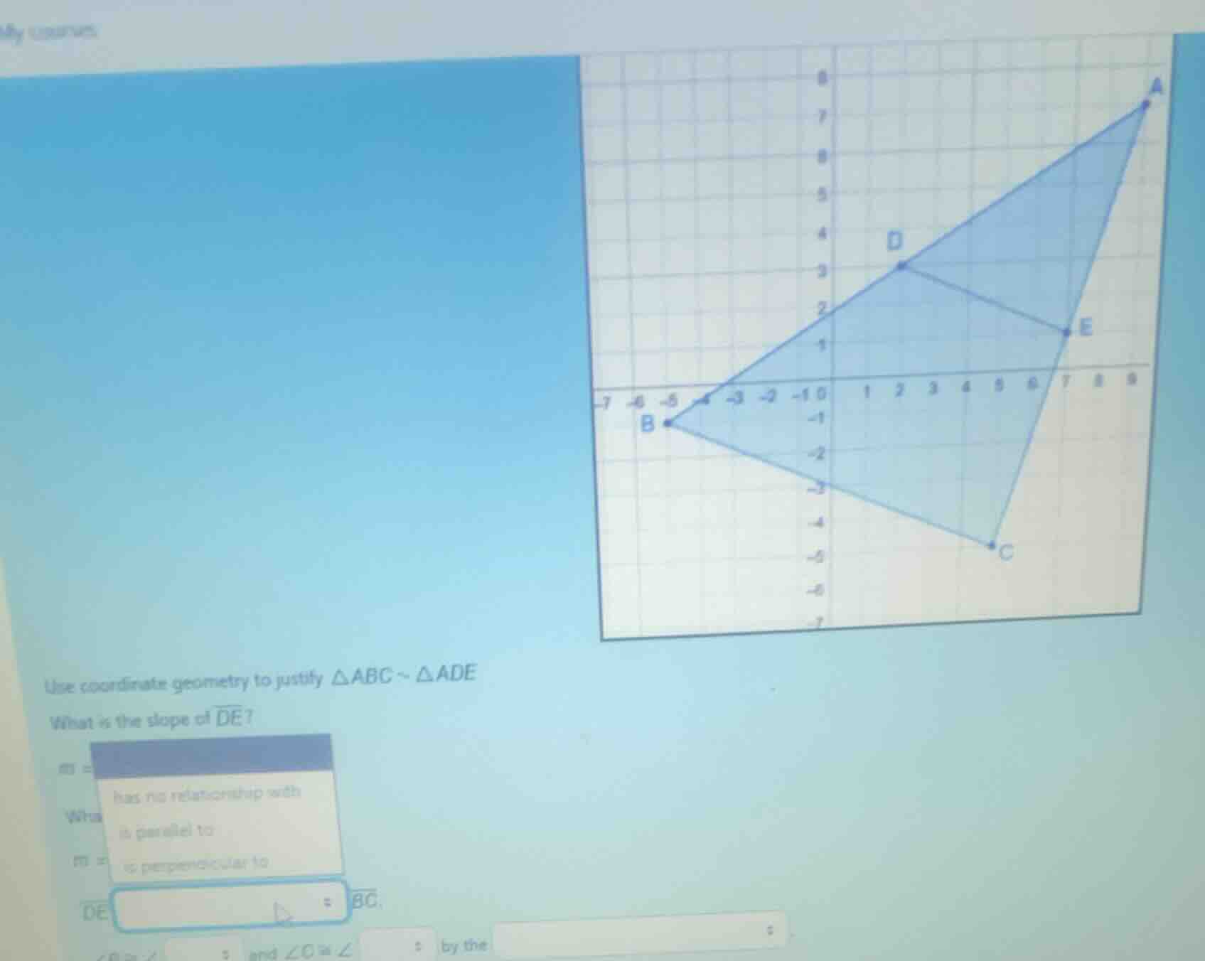 use coordinate geometry to justify \\(\\delta abc \\sim \\delta ade\\).…