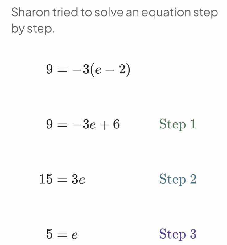 sharon tried to solve an equation step by step. \\9 = -3(e - 2)\\ \\9 =…