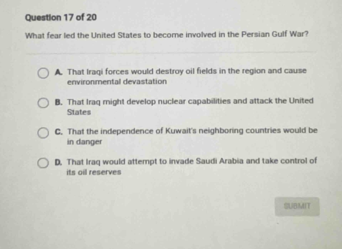 question 17 of 20 what fear led the united states to become involved in…