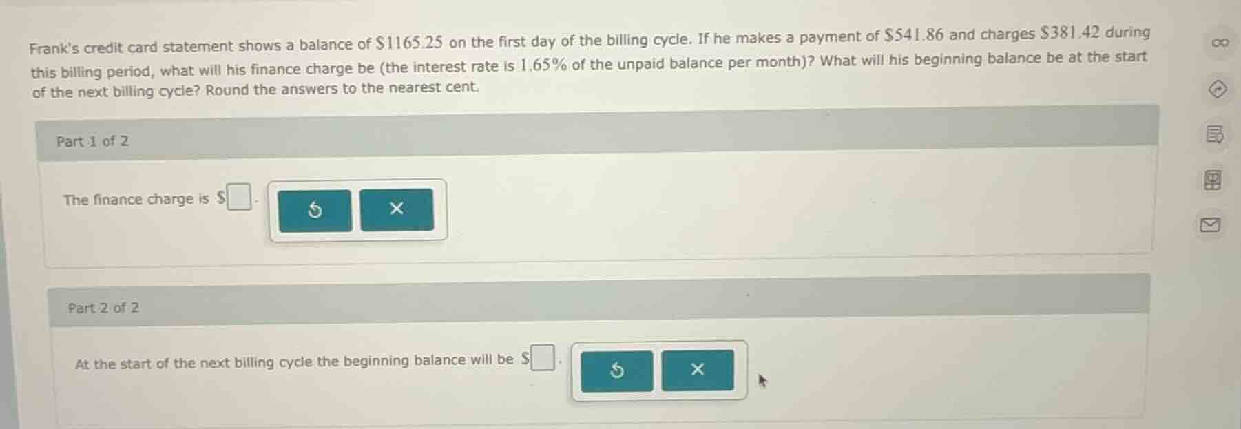 franks credit card statement shows a balance of \\$1165.25 on the first…