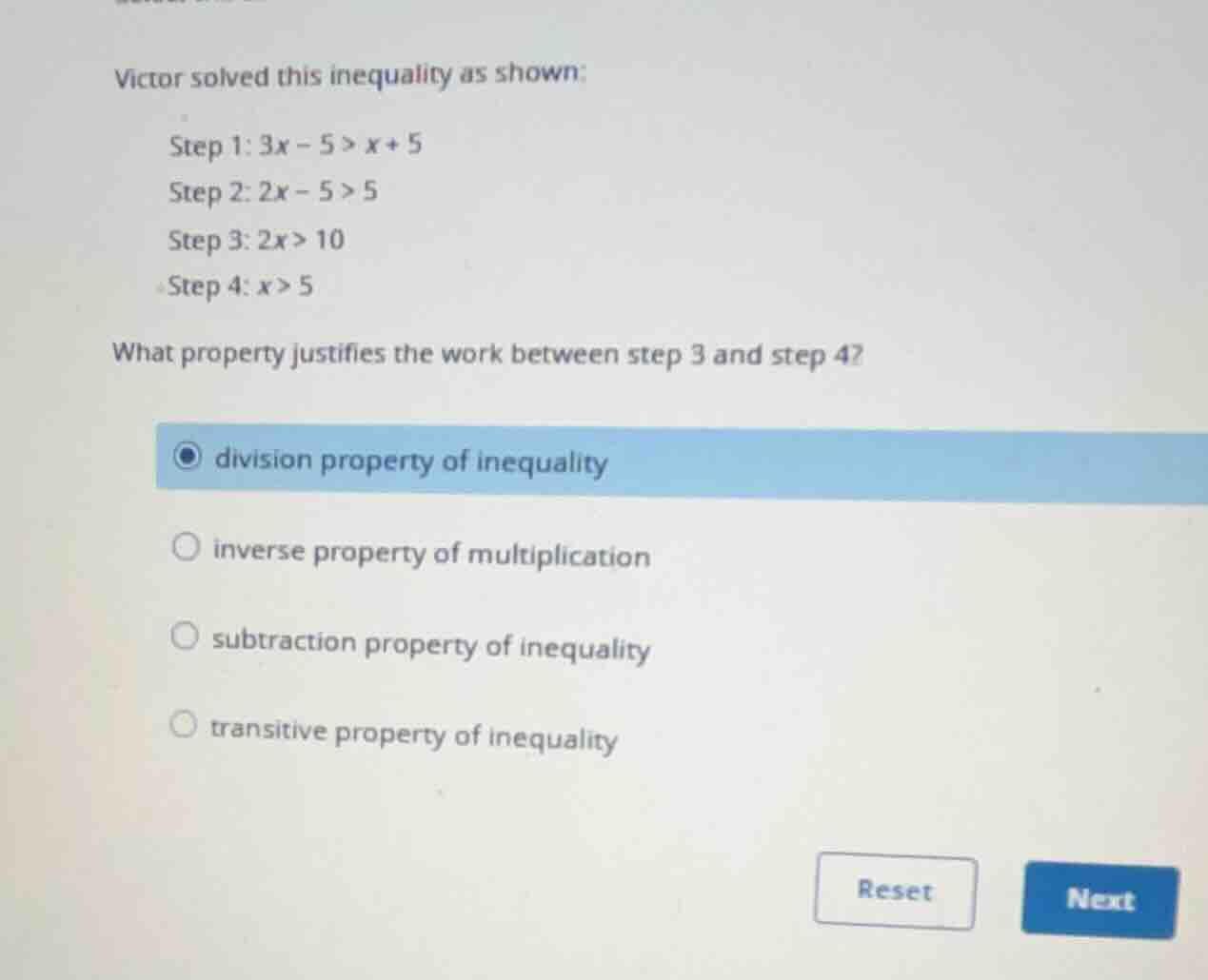 victor solved this inequality as shown: step 1: \\(3x - 5 > x + 5\\) st…