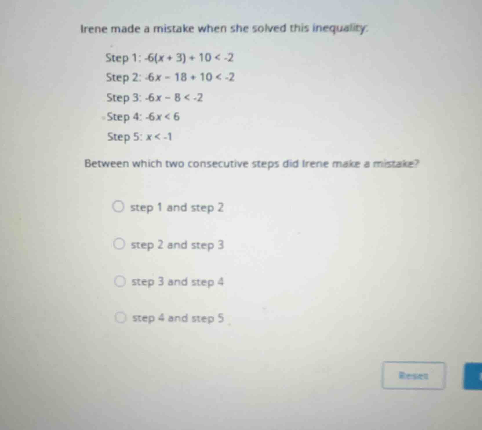 irene made a mistake when she solved this inequality. step 1: \\(-6(x +…