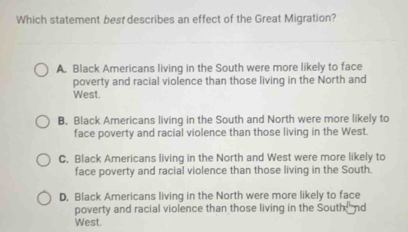 which statement best describes an effect of the great migration? a. bla…