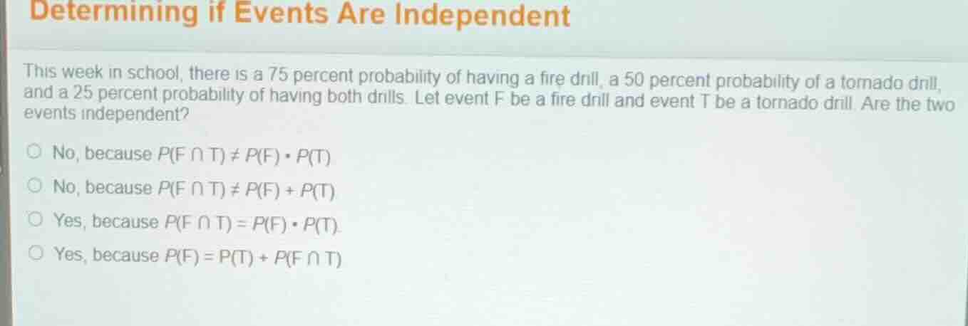 determining if events are independent this week in school, there is a 7…